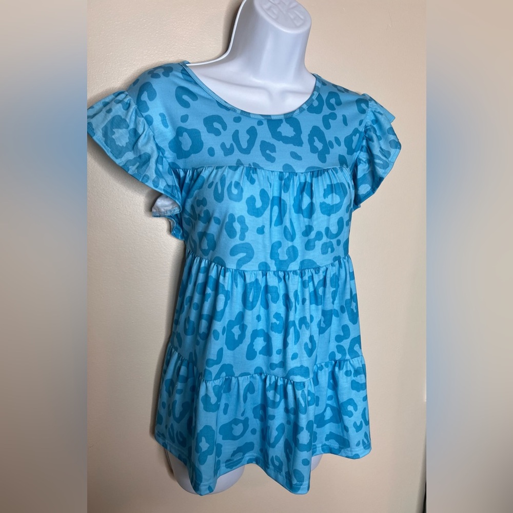 Blue Leopard Print Ruffle Sleeves Baby Doll Top Sz S